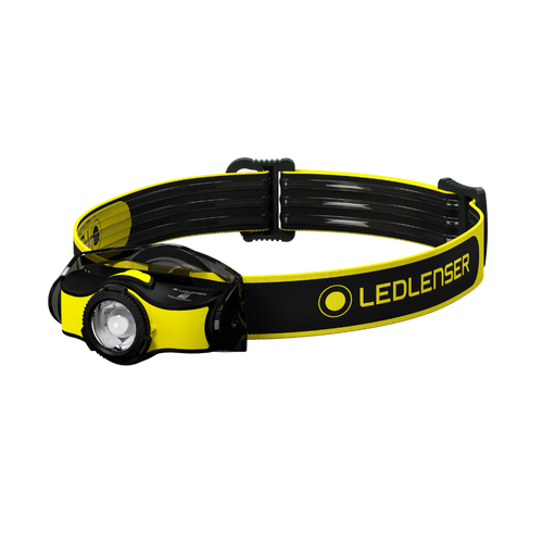 Three quarter front view of Ledlenser iH5 headlamp with branded headband - Black /Yellow 