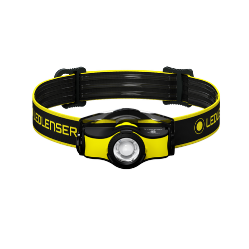 Front view of Ledlenser iH5 headlamp with branded headband - Black/Yellow | Ships Within New Zealand 