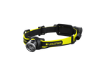 Front three-quarter view of Ledlenser iH8R rechargeable headlamp with branded headband - Black /Yellow