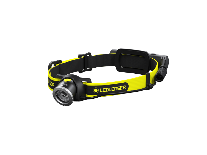 Front three-quarter view of Ledlenser iH8R rechargeable headlamp with branded headband - Black /Yellow