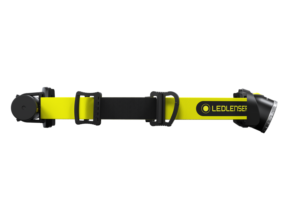 Side view of Ledlenser iH8R rechargeable headlamp with branded headband - Black /Yellow