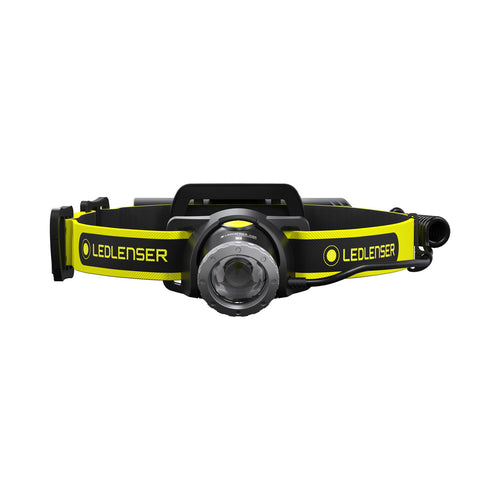 Front view of Ledlenser iH8R rechargeable headlamp with branded headband - Black /Yellow | Ships Within New Zealand