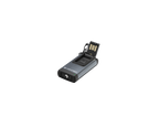 Three quarter front view of rectangular Ledlenser K4R rechargeable Keyring Light, with charging port open - Black