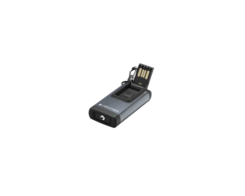 Three quarter front view of rectangular Ledlenser K4R rechargeable Keyring Light, with charging port open - Black