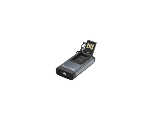 Three quarter front view of rectangular Ledlenser K4R rechargeable Keyring Light, with charging port open - Black