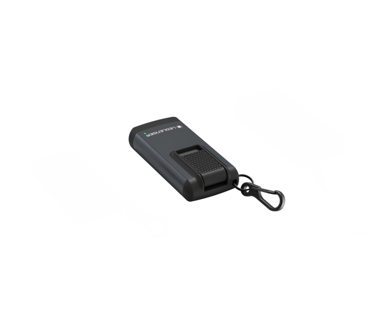 Three quarter back view of rectangular Ledlenser K6R rechargeable Keyring Light - Black 
