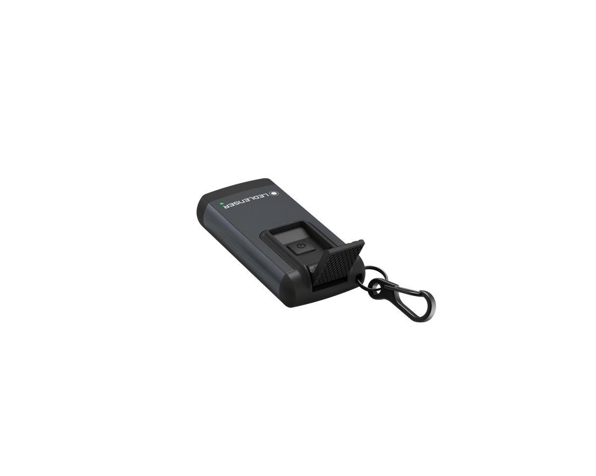 Three quarter back view of rectangular Ledlenser K6R rechargeable Keyring Light - Black with charging port open