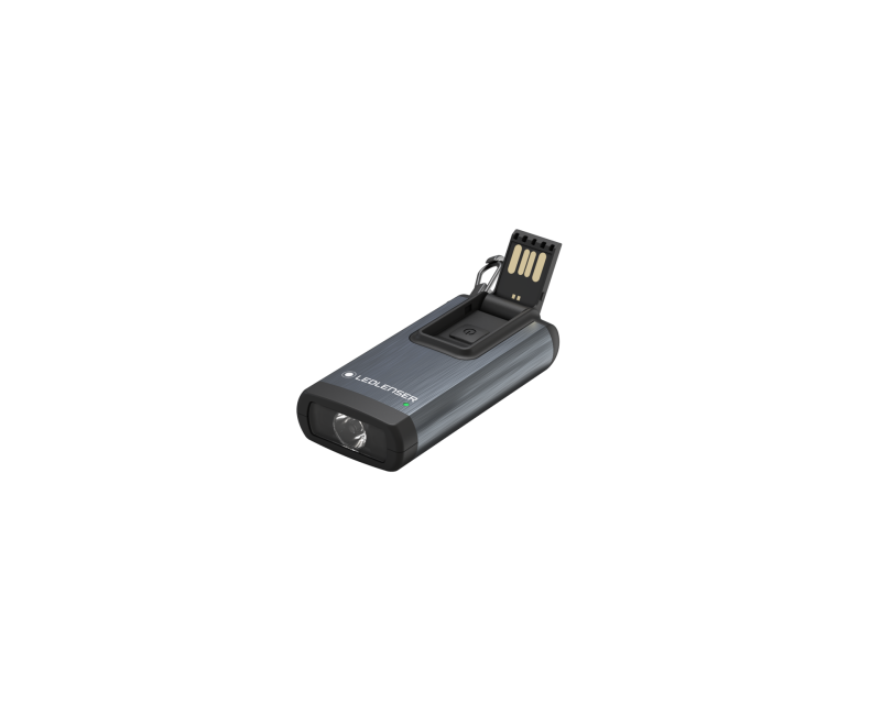 Three quarter front view of rectangular Ledlenser K6R rechargeable Keyring Light - Black with charging port open