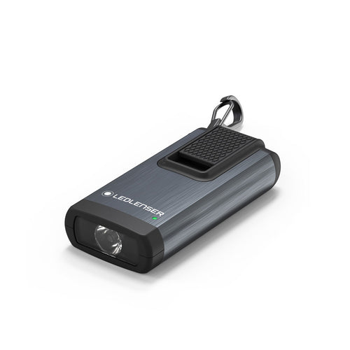 Three quarter front view of rectangular Ledlenser K6R rechargeable Keyring Light - Black. Ships Within New Zealand | LED502577