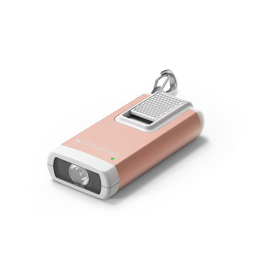 Three quarter front view of rectangular Ledlenser K6R rechargeable Keyring Light - Rose Gold (pink) | LED502578