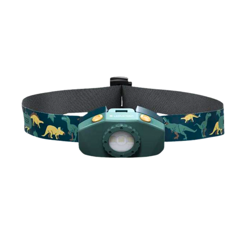 Front view the Ledlenser KIDLED4R battery-operated headlamp with headlamp and headband in fun styles - Lamp Dark Green, Head Band Dinosaur Pattern. Ships Within New Zealand | LED502535