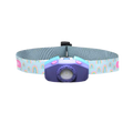 Front view the Ledlenser KIDLED4R battery-operated headlamp with headlamp and headband in fun styles - Lamp Purple, Head Band Unicorn Pattern | LED502536