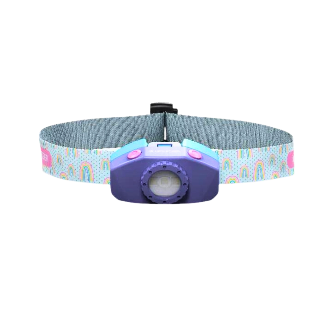 Front view the Ledlenser KIDLED4R battery-operated headlamp with headlamp and headband in fun styles - Lamp Purple, Head Band Unicorn Pattern