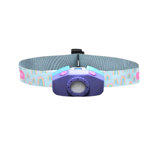 Front view the Ledlenser KIDLED4R battery-operated headlamp with headlamp and headband in fun styles - Lamp Purple, Head Band Unicorn Pattern | LED502536