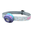 Front three-quarter view the Ledlenser KIDLED4R battery-operated headlamp with headlamp and headband in fun styles - Lamp Purple, Head Band Unicorn Pattern | LED502536