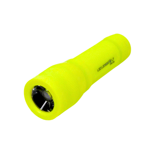Three quarter view the Ledlenser L7 torch in neon yellow 