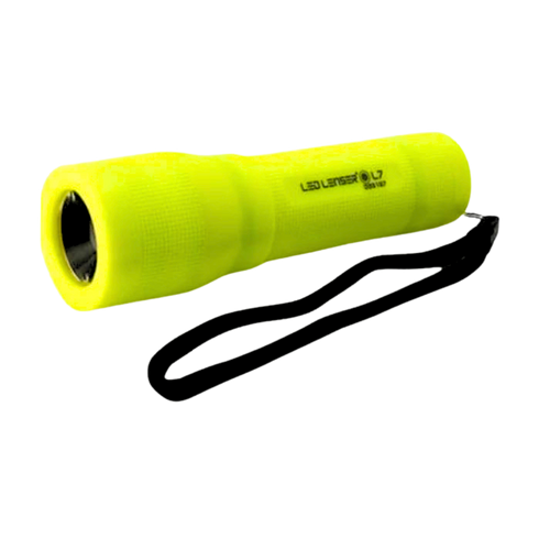 Three quarter view the Ledlenser L7 torch in neon yellow with black wrist strap | Ships Within New Zealand