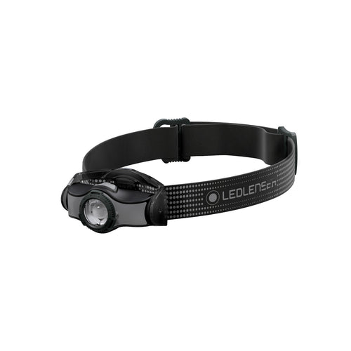 Three quarter front view of Ledlenser MH3 headlamp with branded head strap - Black