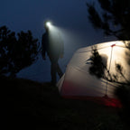 Person wearing the Ledlenser MH3 Headlamp while walking about a campsite