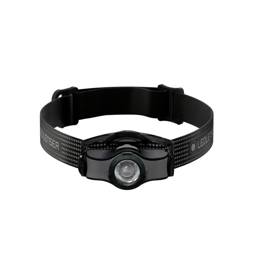 Front view of Ledlenser MH3 headlamp with branded head strap - Black | Ships Within New Zealand