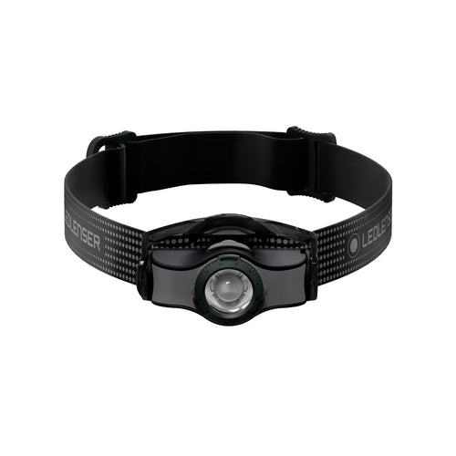 Front view of Ledlenser MH5 rechargeable headlamp with branded head strap - Black | Ships Within New Zealand
