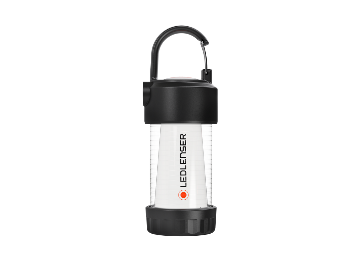 Front view the Ledlenser ML4 warm light rechargeable lantern with carabiner snap hook on top - Black