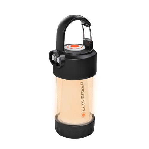 Three quarter view the Ledlenser ML4 warm light rechargeable lantern with carabiner snap hook on top and showing magnetic charging port - Black | Ships Within New Zealand