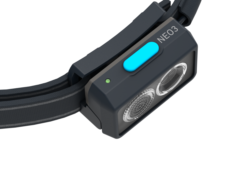 Overhead view of lamp on the Ledlenser NEO3 headlamp with reflective headband – Blue 