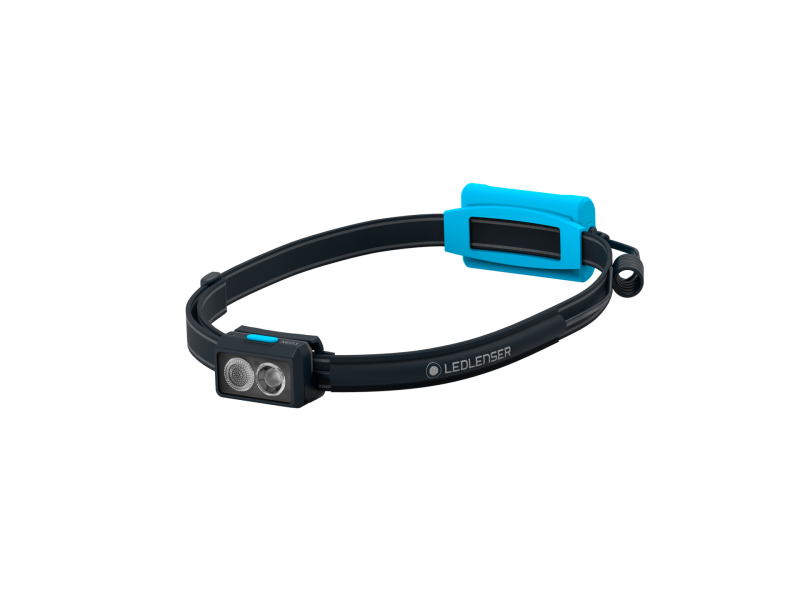 Front three-quarter view the Ledlenser NEO3 headlamp with reflective headband – Blue 