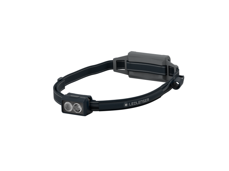 Front three-quarter view the Ledlenser NEO5R rechargeable headlamp with headband – Black/Grey