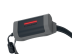 Close up of battery with flashing red safety light on Ledlenser NEO9R headlamp - Black/Grey