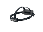 Front three-quarter view the Ledlenser NEO9R rechargeable headlamp with branded headband including overhead band – Black/Grey