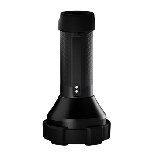 Side on-end view the Ledlenser P18R work rechargeable torch showing magnetic charging port on barrel of torch – Black