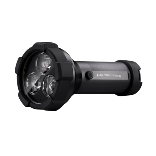 Three quarter view the Ledlenser P18R work rechargeable torch with triple LEDs and showing on/off switch on barrel of torch – Black | Ships Within New Zealand