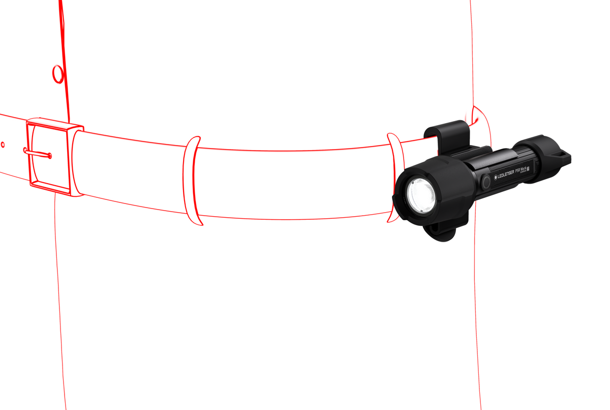 Artist's impression of Ledlenser P5R Work Rechargeable Torch attached to belt using included intelligent clip - Black