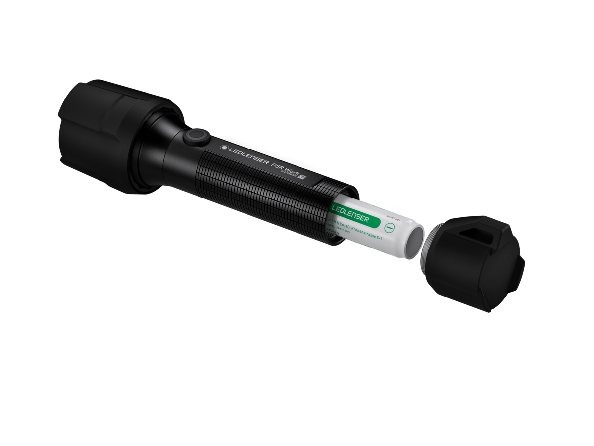 Back three-quarter view of Ledlenser P5R Work Rechargeable Torch with battery removed from housing - Black