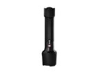 Back on-end view of Ledlenser P7R work UV torch with removal bumpers and light mode indicator and charging dock on barrel of torch
