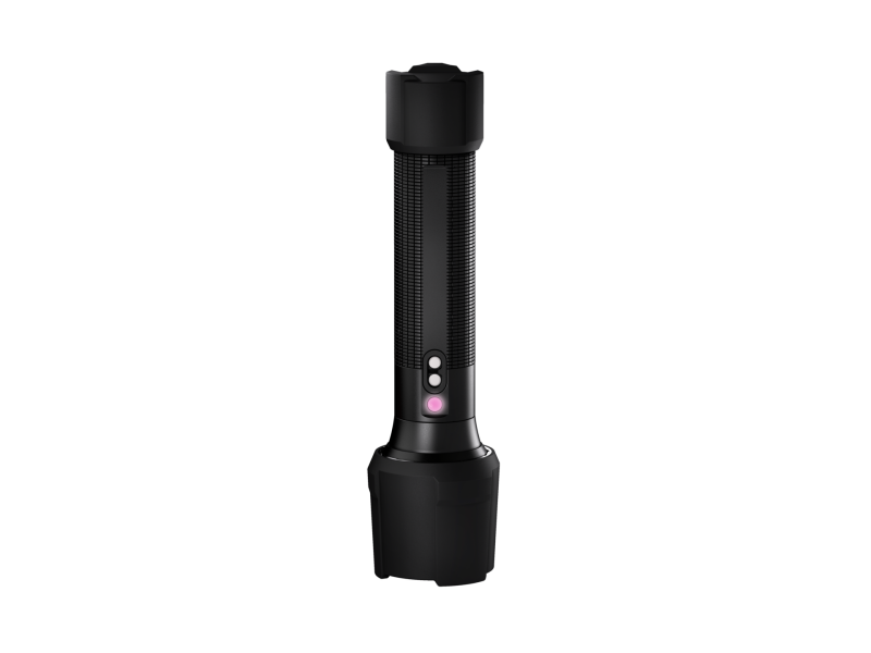 Back on-end view of Ledlenser P7R work UV torch with removal bumpers and light mode indicator and charging dock on barrel of torch