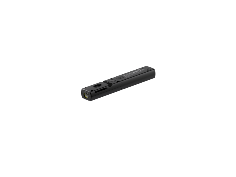 Three quarter view of Ledlenser W4R rechargeable work light with pocket clip and battery pack details showing and spotlight LED at end - Black 