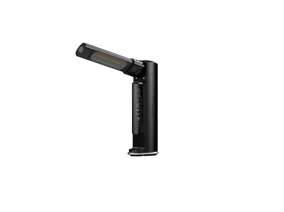 Front three-quarter view of Ledlenser W7R rechargeable work light with base in vertical position and light bar at 45 degree angle - Black
