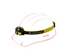 Artist's impression of Ledlenser iH5R rechargeable headlamp with branded headband in Black /Yellow being worn on safety helmet