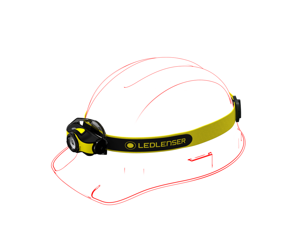 Artist's impression of Ledlenser iH5R rechargeable headlamp with branded headband in Black /Yellow being worn on safety helmet