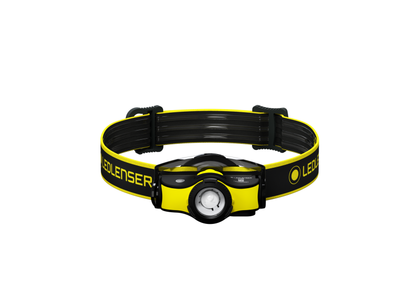 Front view of Ledlenser iH5R rechargeable headlamp with branded headband - Black /Yellow 