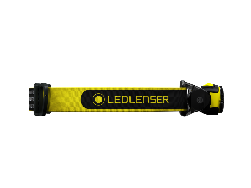 Side view of Ledlenser iH5R rechargeable headlamp with branded headband - Black /Yellow 