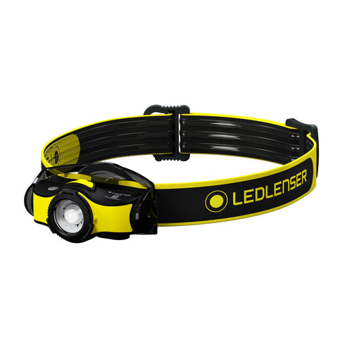 Three quarter front view of Ledlenser iH5R rechargeable headlamp with branded headband - Black /Yellow | Ships Within New Zealand
