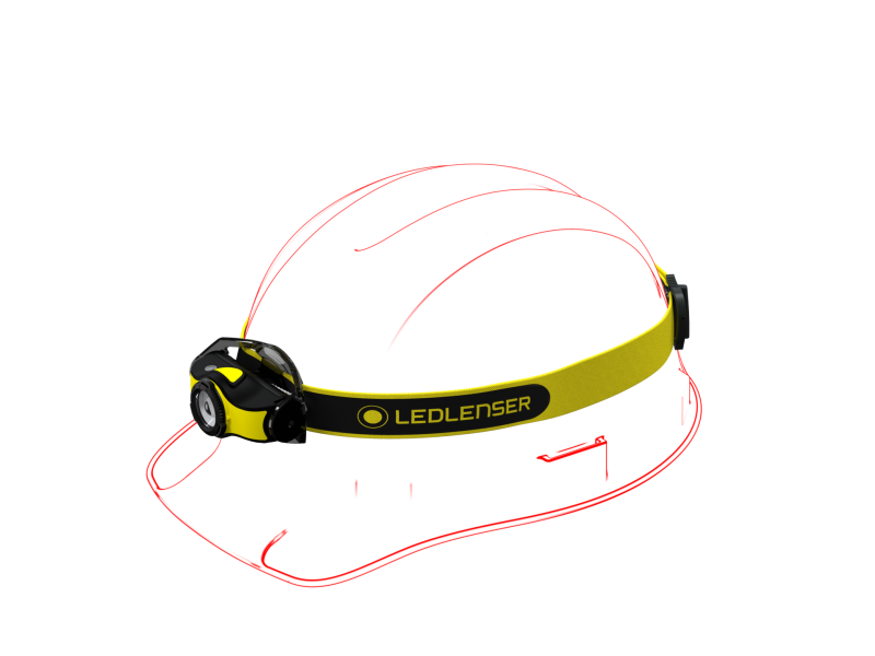 Artist's impression of Ledlenser iH5 headlamp with branded headband being worn over safety helmet - Black /Yellow 