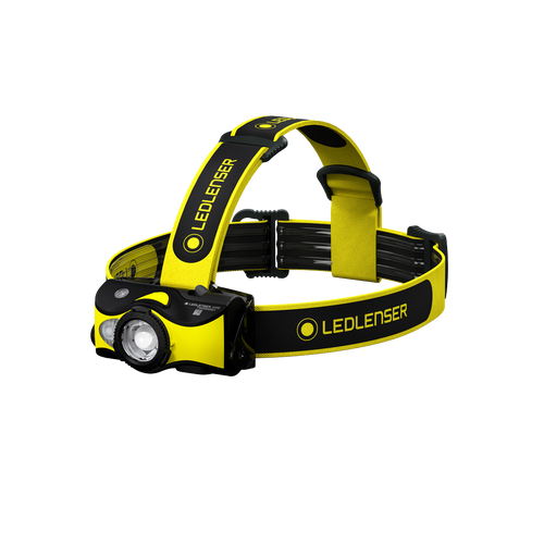 Three quarter front view of Ledlenser iH9R rechargeable headlamp with overhead branded headband - Black /Yellow 