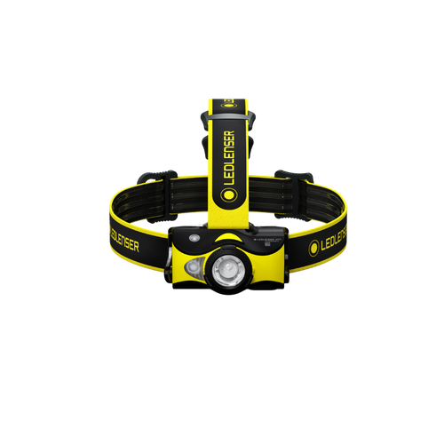Front view of Ledlenser iH9R rechargeable headlamp with overhead branded headband - Black /Yellow | Ships Within New Zealand