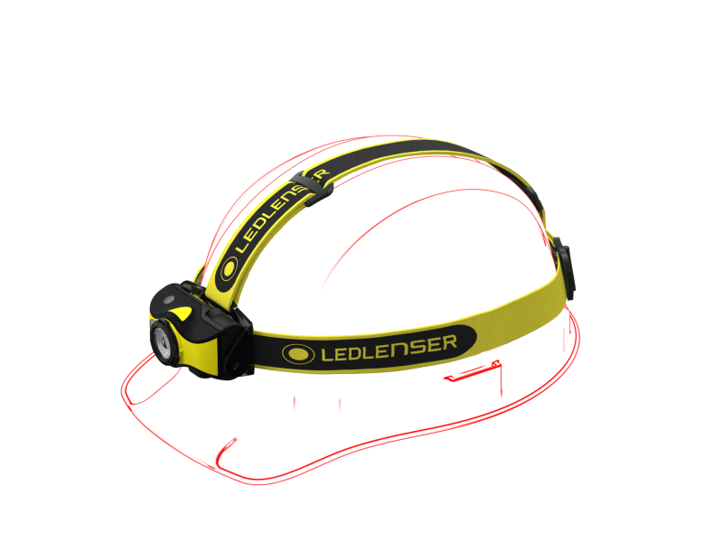 Artist's impression of Ledlenser iH9R Rechargeable Headlamp being worn with safety helmet