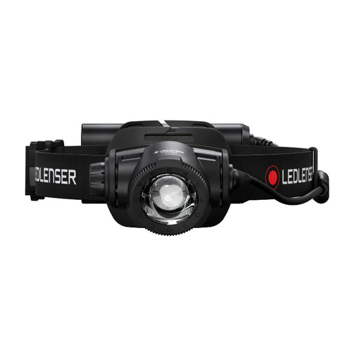 Front view of Ledlenser H15R Core rechargeable headlamp with branded strap and battery pack - Black